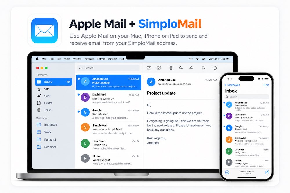 Apple Mail connected to SimploMail, shown on a Mac and an iPhone sending email from a custom domain address