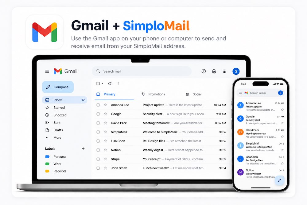 Gmail connected to SimploMail, shown on a laptop and a phone sending email from a custom domain address