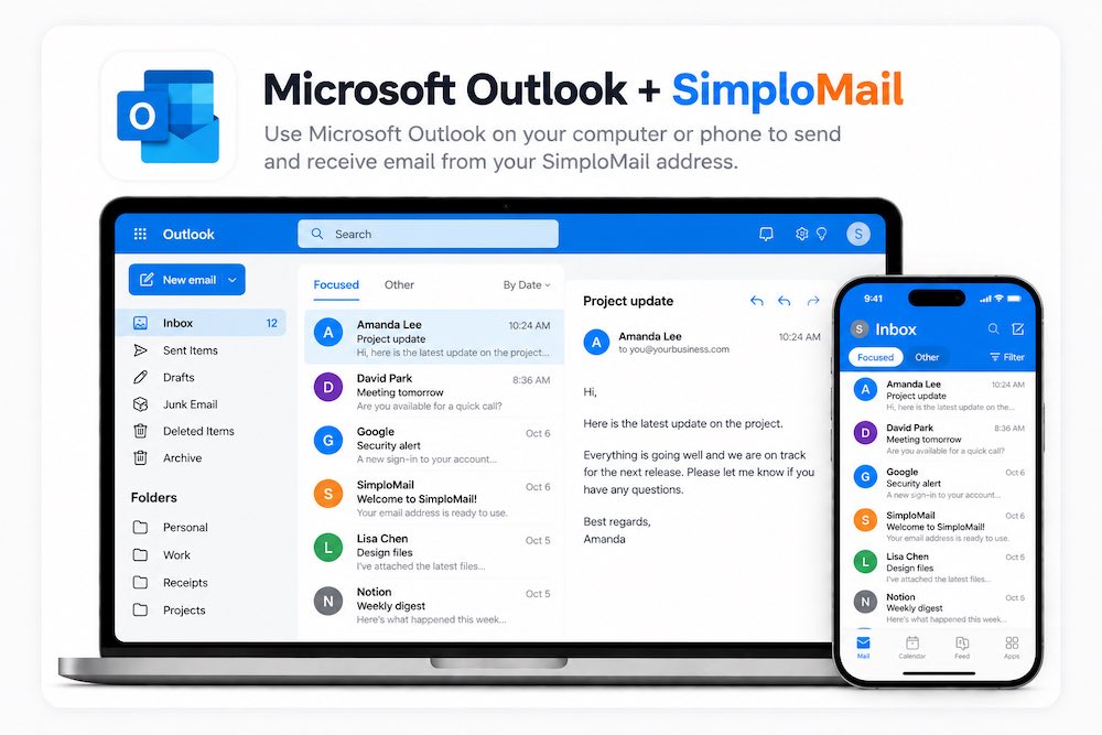 Microsoft Outlook connected to SimploMail, shown on a computer and a phone sending email from a custom domain address