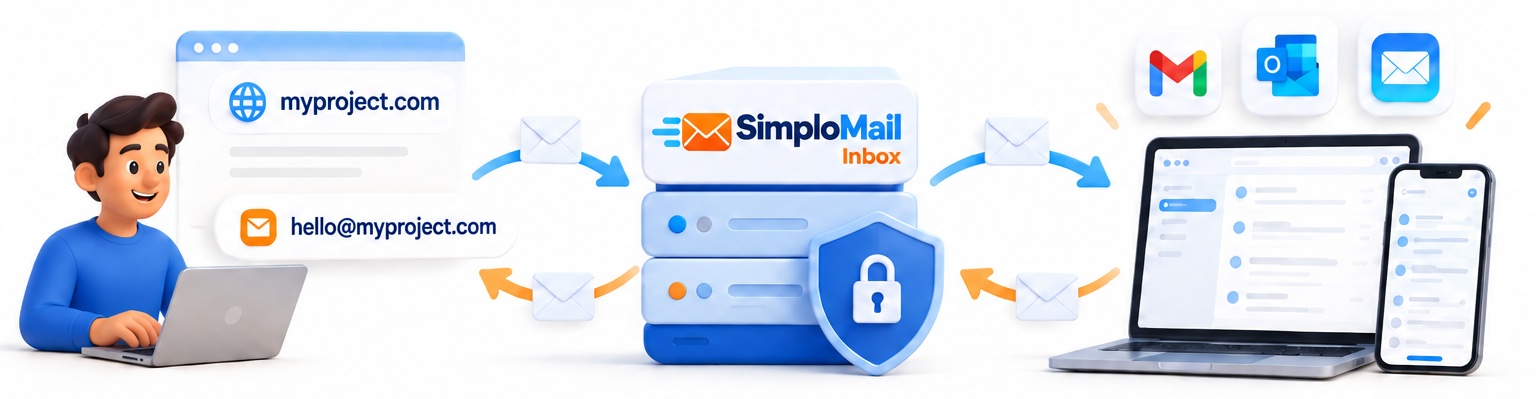 Illustration showing how SimploMail Inbox connects your custom domain to the email apps you already use