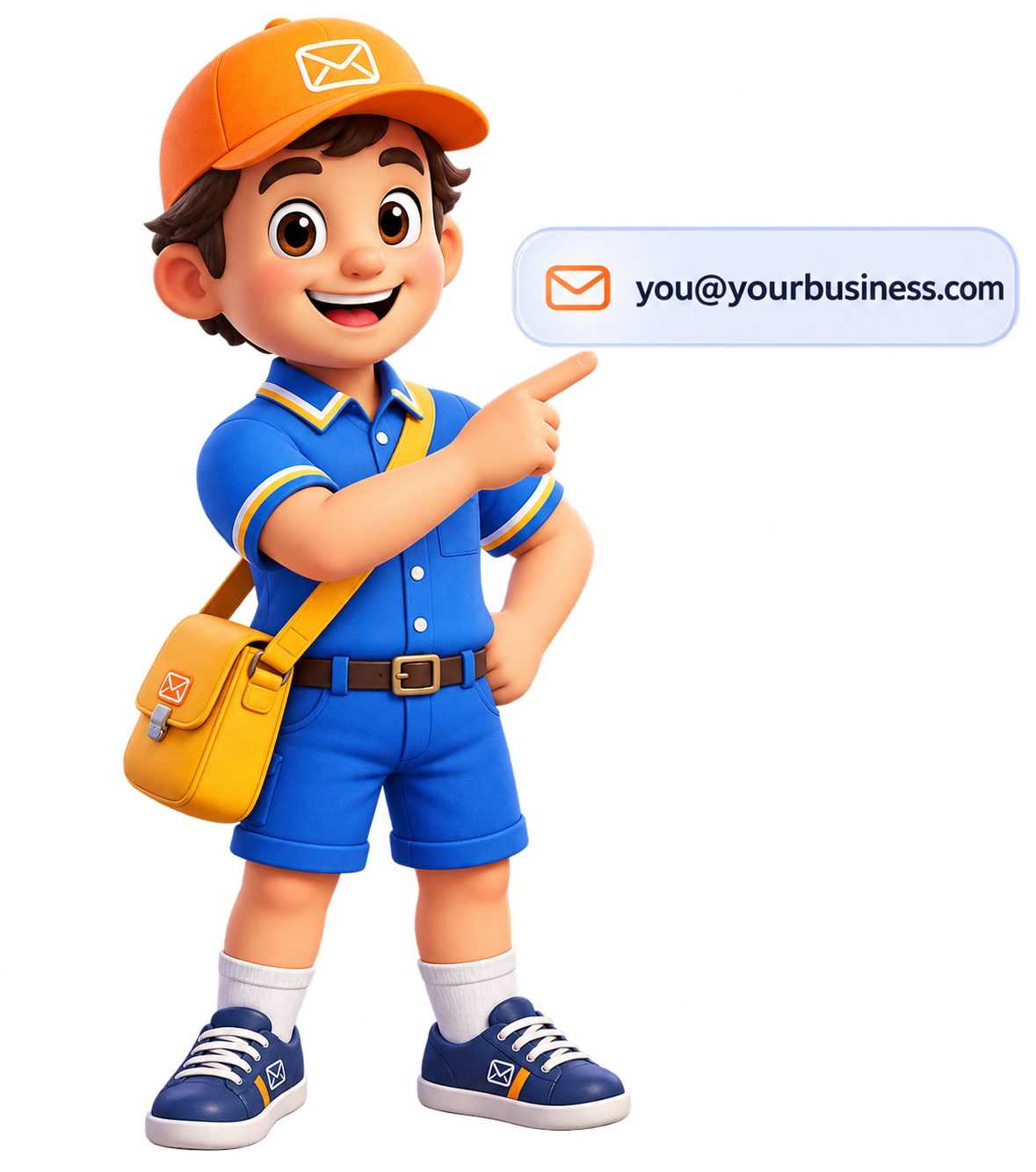 SimploMail mail carrier mascot pointing at a your@yourbusiness.com email address